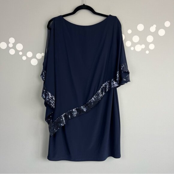 Xscape Navy Sequin Capelet Dress Size 12 Chiffon Asymmetrical Formal Cocktail - Picture 5 of 7